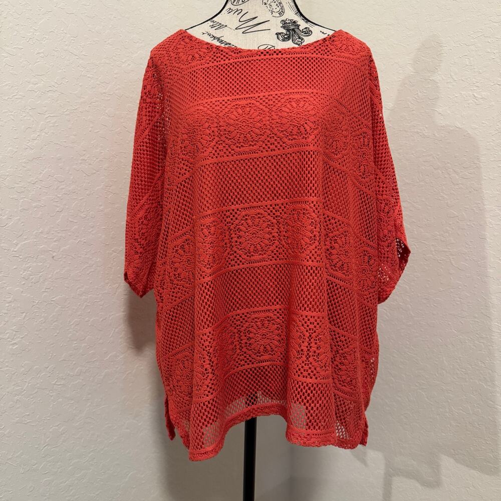 Status by Chenault Womens 1X Orange Lace Crochet Overlay Top Split Back Plus